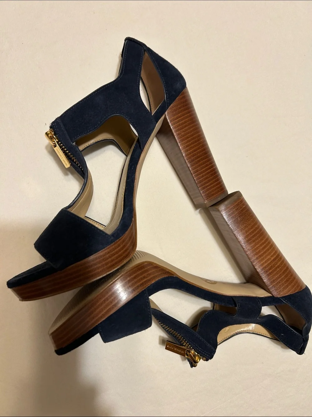 Michael Kors Navy Suede Zip-Front Block Heel Sandals